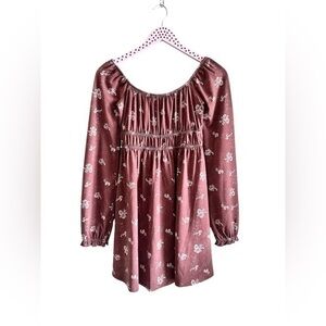 SO XS cinched waist floral long sleeve smocked pink dress cottagecore peasant